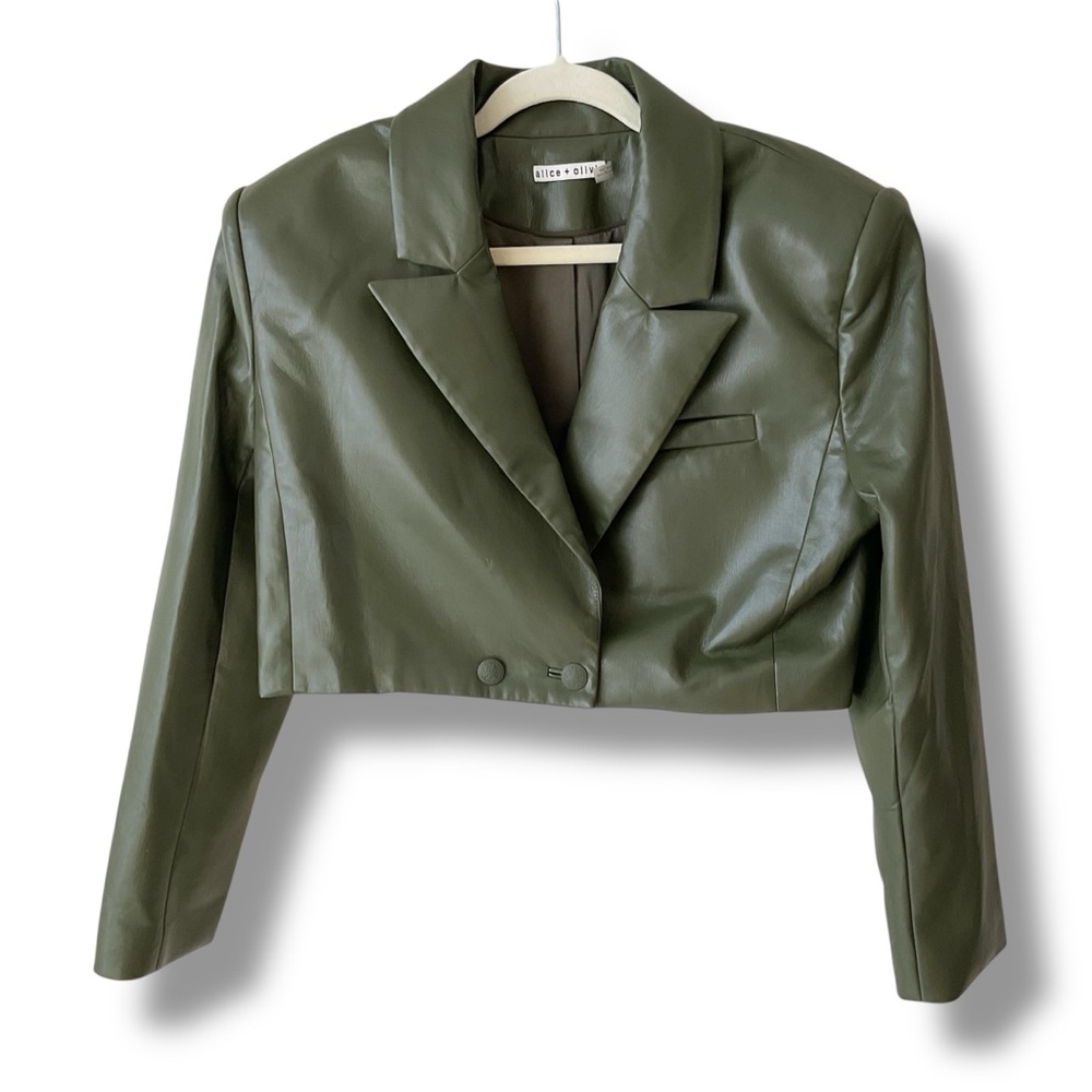 Alice + Olivia Anthony Cropped Vegan Leather Blazer Olive Size 14 (FLAW)